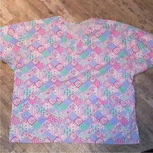 Country Patchwork quilt print pastel scrub top